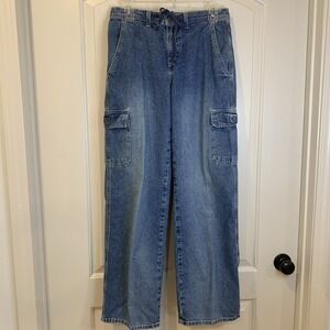Vtg American Eagle Dungarees Cargo Jeans Women's 4 Reg Tie Front Wide Leg Y2K